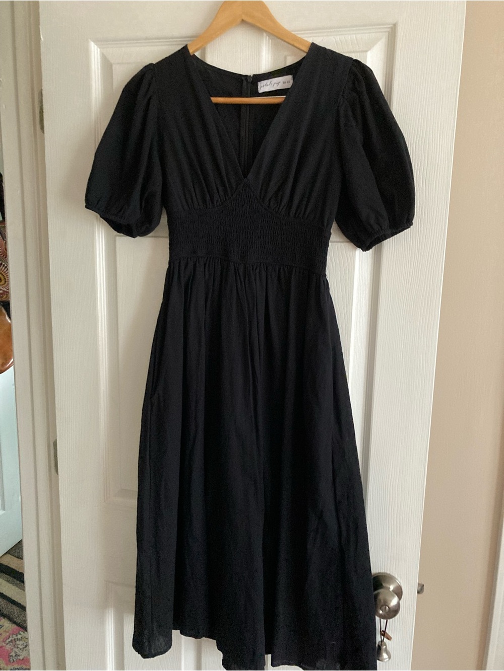 Petal & Pup Black V-Neck Puff Sleeve Smocked Midi Dress
